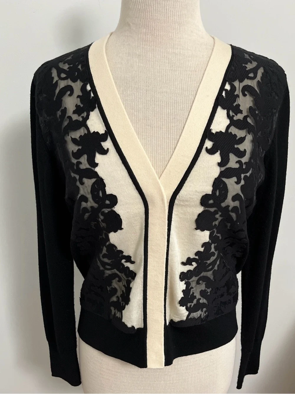 Tory Burch Dixie Lace Applique Merino Wool Cardigan Sweater